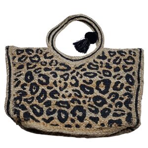 America & Beyond Jute Leopard Print Tote Bag Large Tan Black
